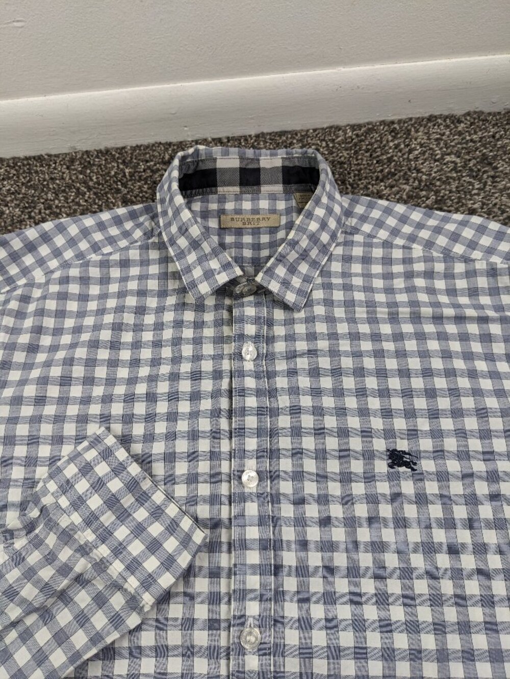 Burberry Brit Shirt Gingham Checked L/S Button Up Knight Logo Blue Mens Large